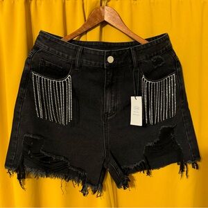 Cider Rhinestone Fringe Pocket Jean Shorts